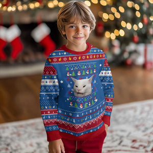 Woman Yelling At A Cat Ugly Christmas Hanukkah Ugly Sweater Funny Cat Meme Matching Couple Christmas Pajama TS10 Blue Red Print Your Wear