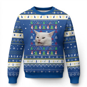Woman Yelling At A Cat Ugly Christmas Hanukkah Ugly Sweater Funny Cat Meme Matching Couple Christmas Pajama TS10 Blue White Print Your Wear