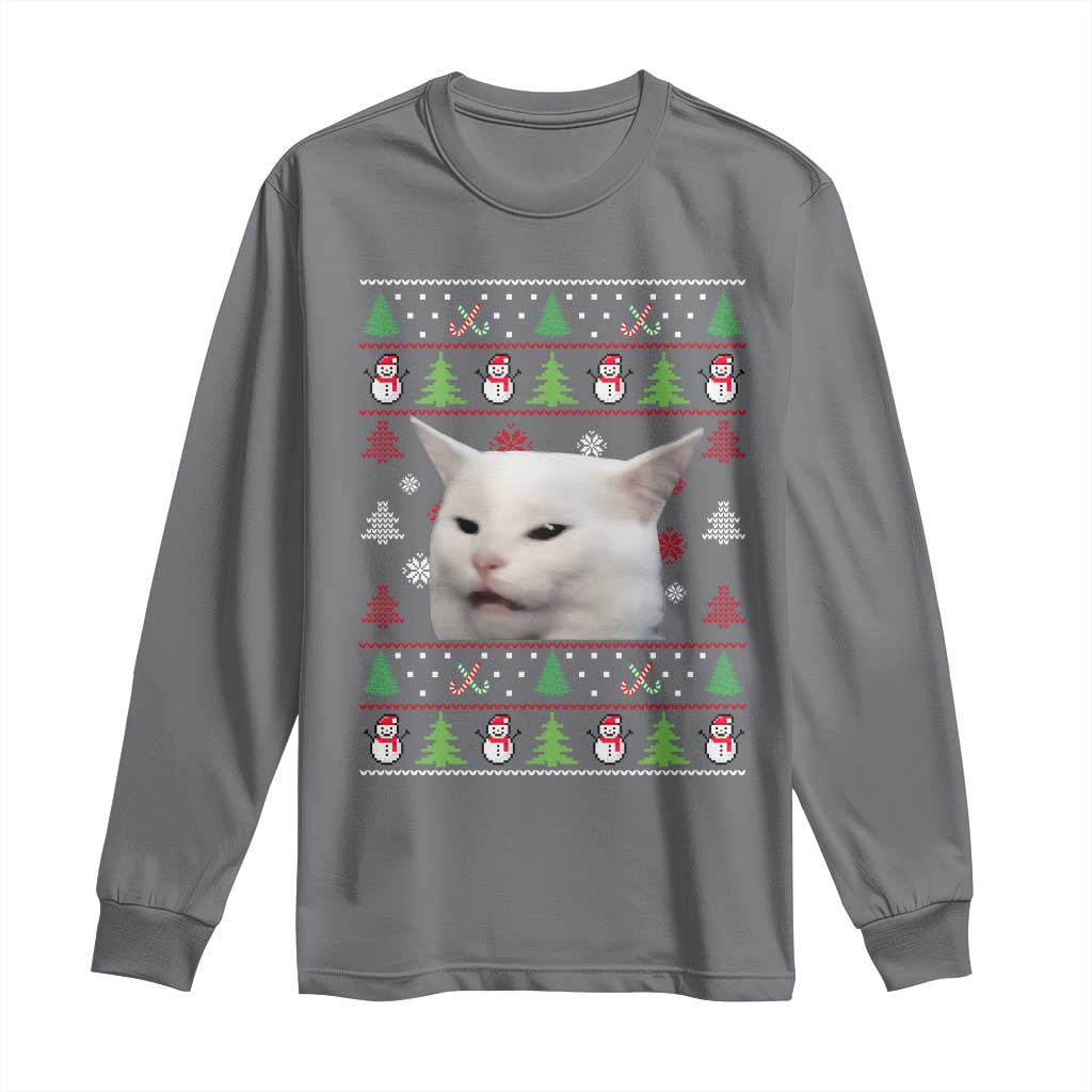 Woman Yelling At A Cat Ugly Christmas Long Sleeve Shirt Funny Cat Meme Matching Couple Christmas Pajama TS10 Charcoal Print Your Wear