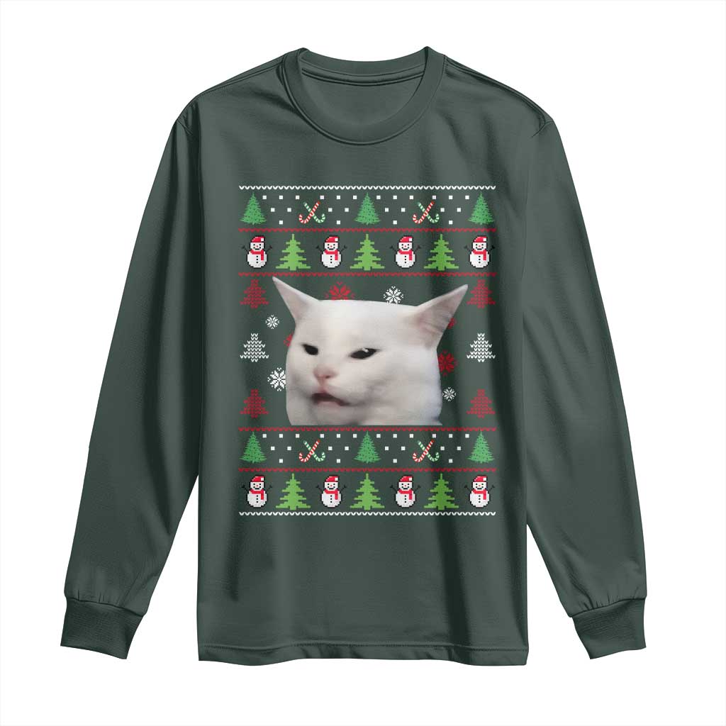 Woman Yelling At A Cat Ugly Christmas Long Sleeve Shirt Funny Cat Meme Matching Couple Christmas Pajama TS10 Dark Forest Green Print Your Wear