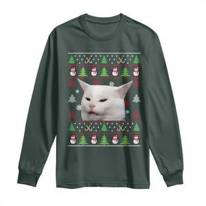 Woman Yelling At A Cat Ugly Christmas Long Sleeve Shirt Funny Cat Meme Matching Couple Christmas Pajama TS10 Dark Forest Green Print Your Wear