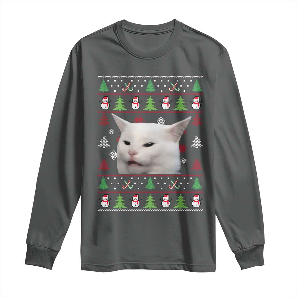 Woman Yelling At A Cat Ugly Christmas Long Sleeve Shirt Funny Cat Meme Matching Couple Christmas Pajama TS10 Dark Heather Print Your Wear