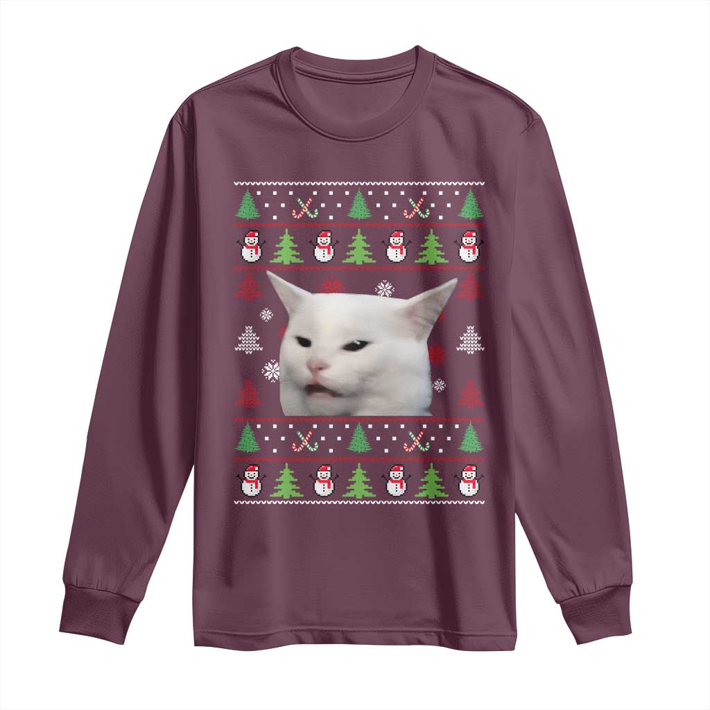 Woman Yelling At A Cat Ugly Christmas Long Sleeve Shirt Funny Cat Meme Matching Couple Christmas Pajama TS10 Maroon Print Your Wear