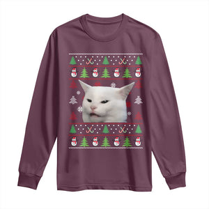Woman Yelling At A Cat Ugly Christmas Long Sleeve Shirt Funny Cat Meme Matching Couple Christmas Pajama TS10 Maroon Print Your Wear
