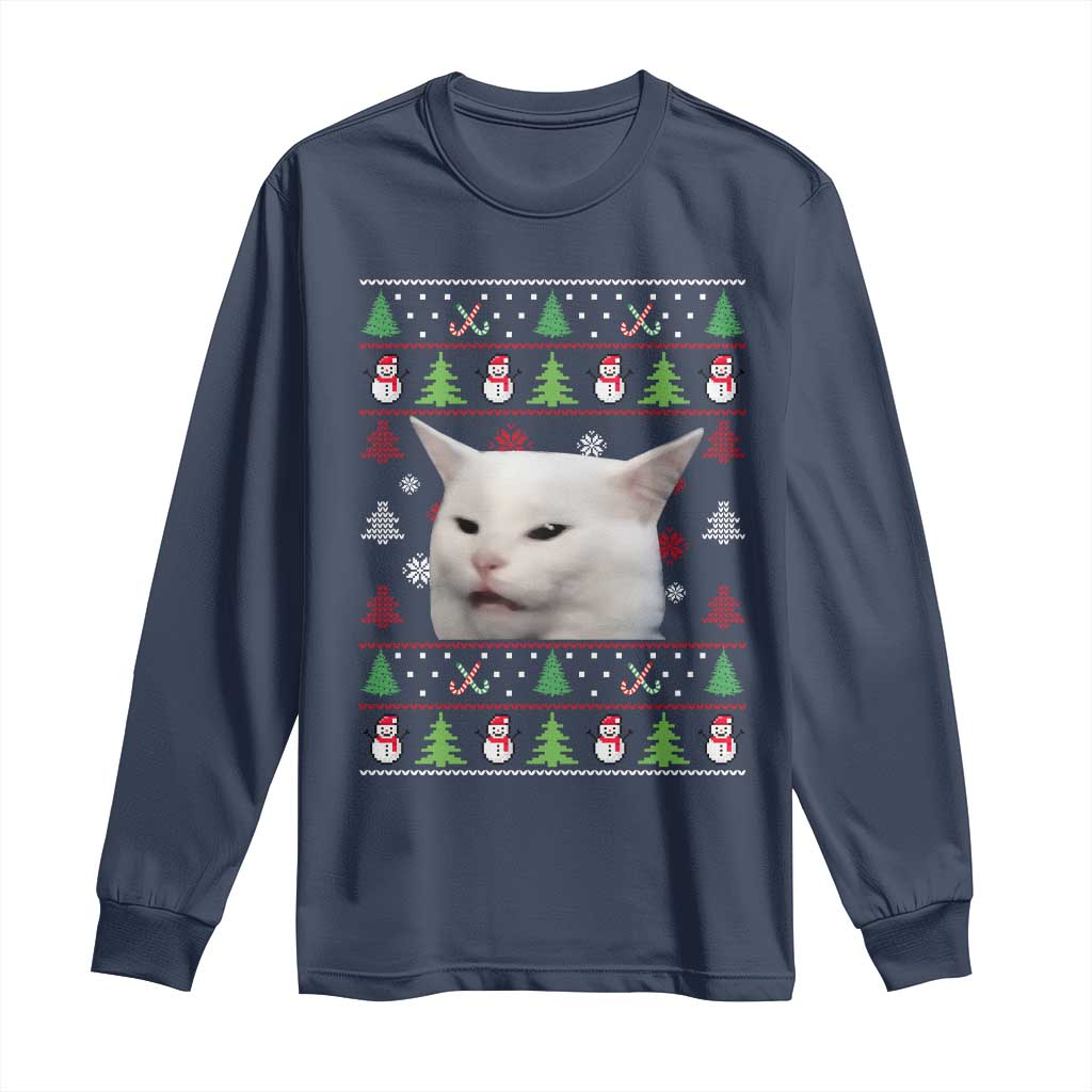 Woman Yelling At A Cat Ugly Christmas Long Sleeve Shirt Funny Cat Meme Matching Couple Christmas Pajama TS10 Navy Print Your Wear