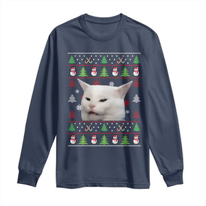 Woman Yelling At A Cat Ugly Christmas Long Sleeve Shirt Funny Cat Meme Matching Couple Christmas Pajama TS10 Navy Print Your Wear