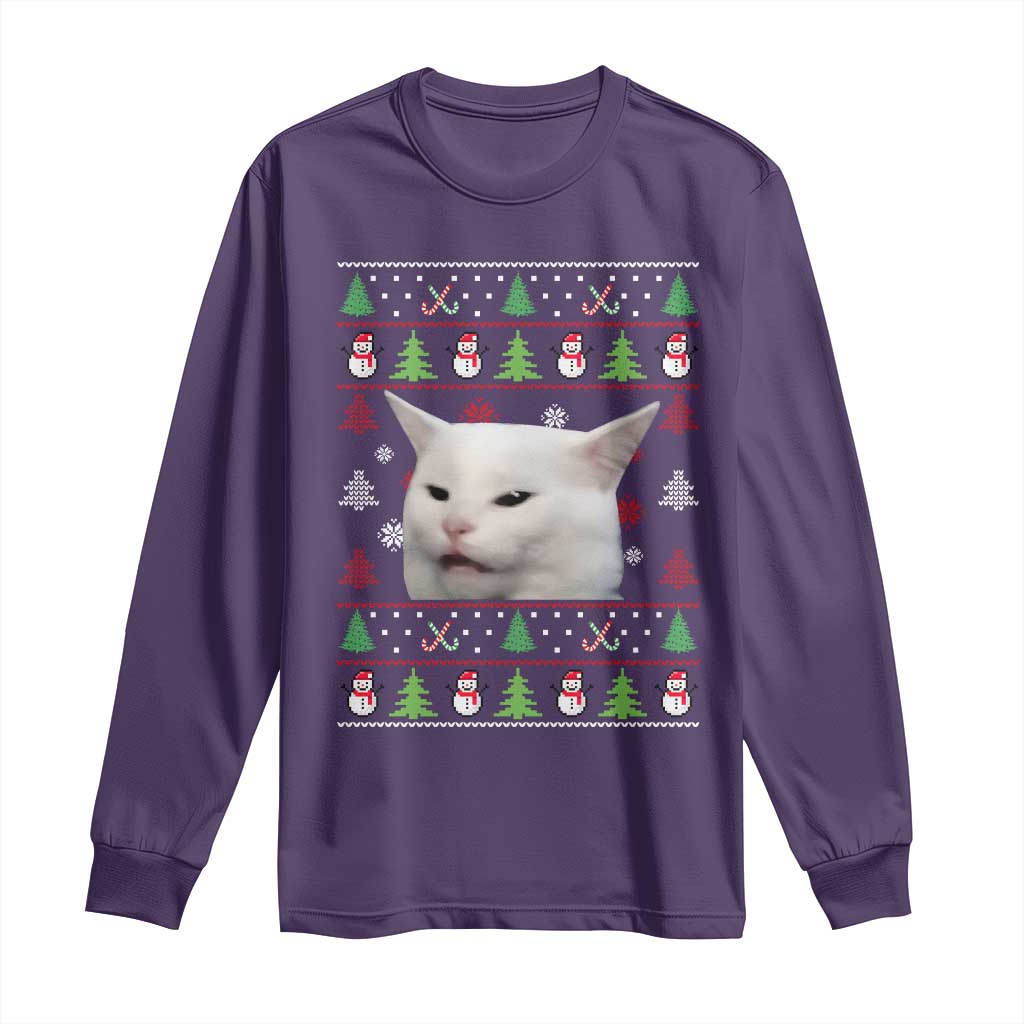 Woman Yelling At A Cat Ugly Christmas Long Sleeve Shirt Funny Cat Meme Matching Couple Christmas Pajama TS10 Purple Print Your Wear
