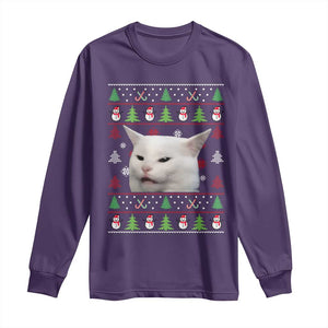 Woman Yelling At A Cat Ugly Christmas Long Sleeve Shirt Funny Cat Meme Matching Couple Christmas Pajama TS10 Purple Print Your Wear