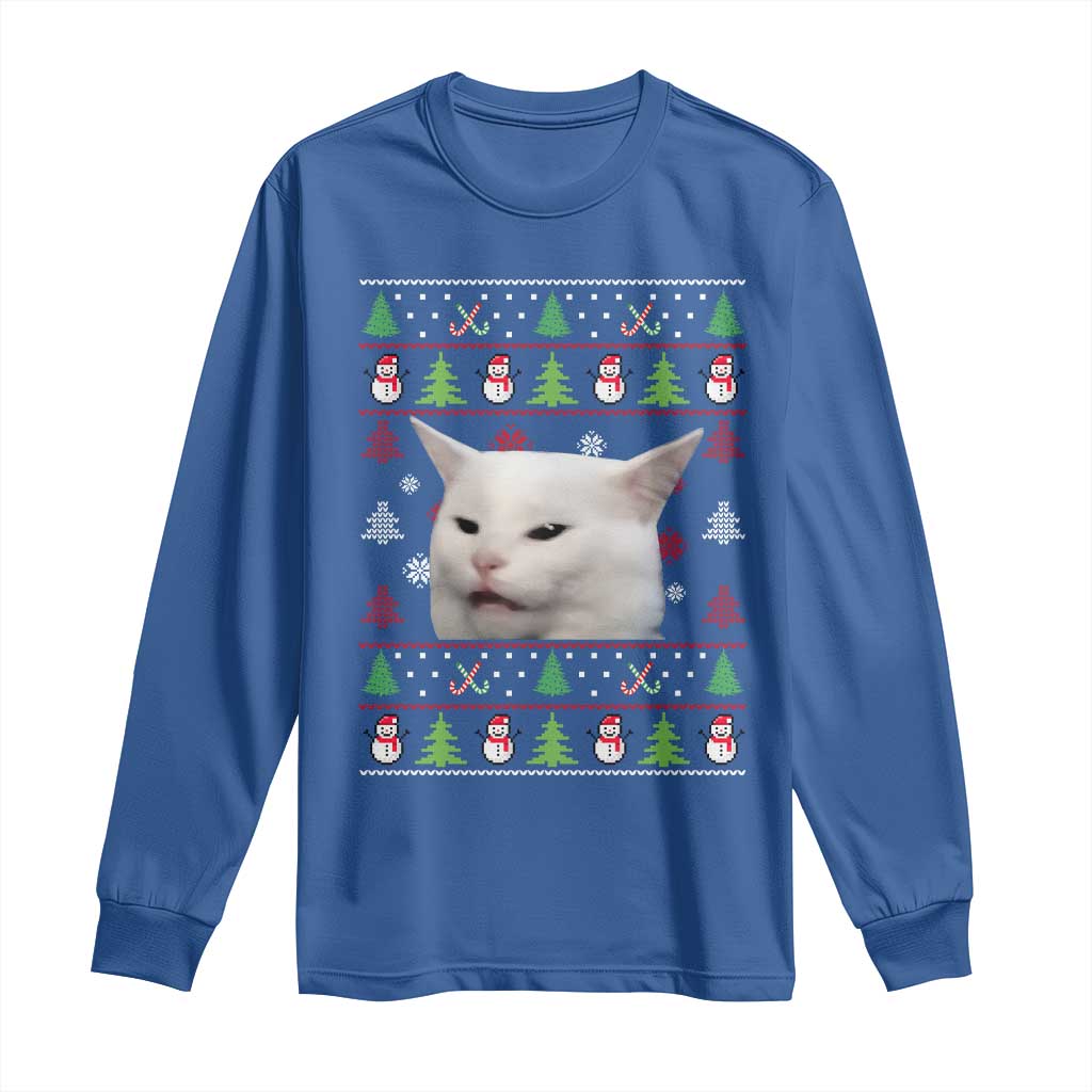 Woman Yelling At A Cat Ugly Christmas Long Sleeve Shirt Funny Cat Meme Matching Couple Christmas Pajama TS10 Royal Blue Print Your Wear
