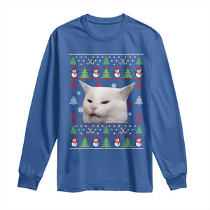 Woman Yelling At A Cat Ugly Christmas Long Sleeve Shirt Funny Cat Meme Matching Couple Christmas Pajama TS10 Royal Blue Print Your Wear