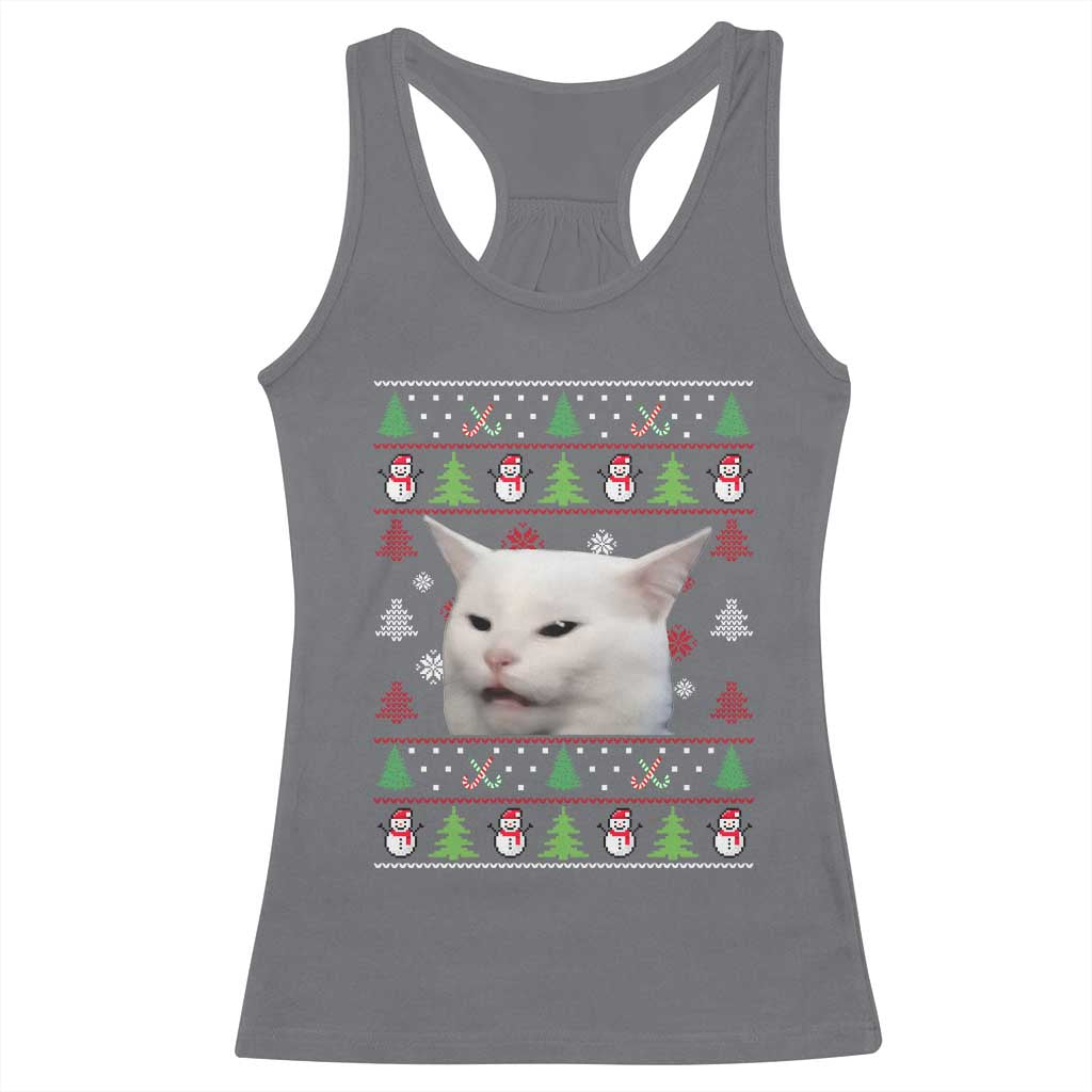 Woman Yelling At A Cat Ugly Christmas Racerback Tank Top Funny Cat Meme Matching Couple Christmas Pajama TS10 Charcoal Print Your Wear