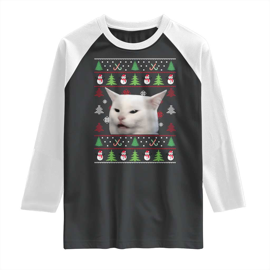 Woman Yelling At A Cat Ugly Christmas Raglan Shirt Funny Cat Meme Matching Couple Christmas Pajama TS10 Black White Print Your Wear
