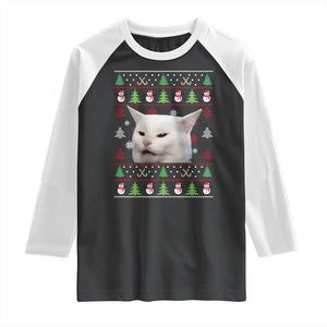 Woman Yelling At A Cat Ugly Christmas Raglan Shirt Funny Cat Meme Matching Couple Christmas Pajama TS10 Black White Print Your Wear