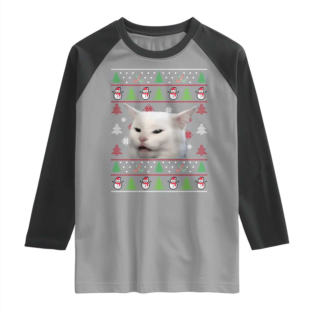 Woman Yelling At A Cat Ugly Christmas Raglan Shirt Funny Cat Meme Matching Couple Christmas Pajama TS10 Sport Gray Black Print Your Wear