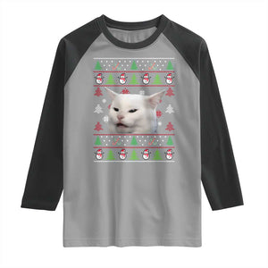 Woman Yelling At A Cat Ugly Christmas Raglan Shirt Funny Cat Meme Matching Couple Christmas Pajama TS10 Sport Gray Black Print Your Wear