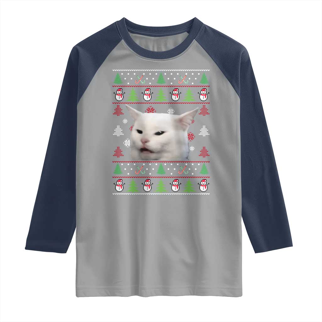 Woman Yelling At A Cat Ugly Christmas Raglan Shirt Funny Cat Meme Matching Couple Christmas Pajama TS10 Sport Gray Navy Print Your Wear