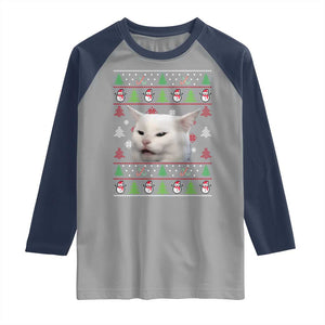 Woman Yelling At A Cat Ugly Christmas Raglan Shirt Funny Cat Meme Matching Couple Christmas Pajama TS10 Sport Gray Navy Print Your Wear