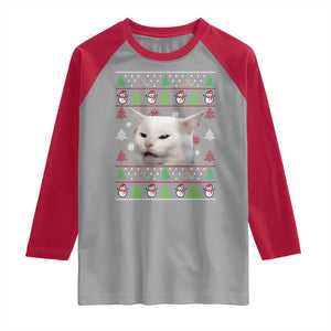 Woman Yelling At A Cat Ugly Christmas Raglan Shirt Funny Cat Meme Matching Couple Christmas Pajama TS10 Sport Gray Red Print Your Wear