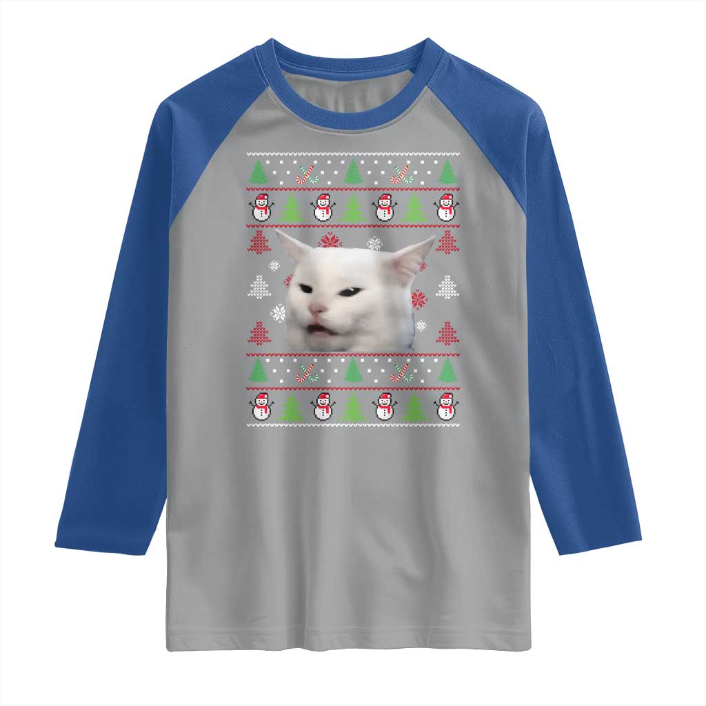 Woman Yelling At A Cat Ugly Christmas Raglan Shirt Funny Cat Meme Matching Couple Christmas Pajama TS10 Sport Gray Royal Print Your Wear