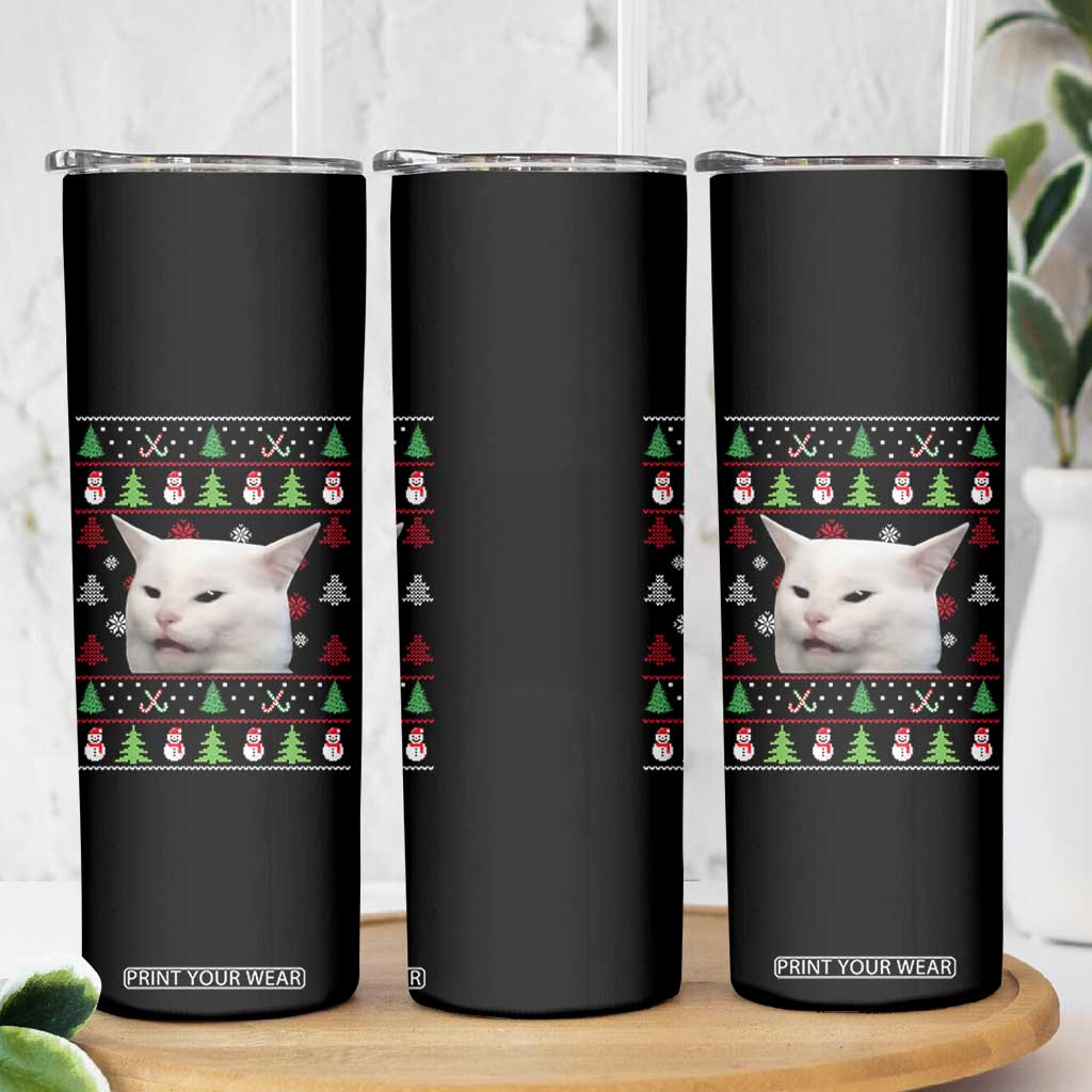 Woman Yelling At A Cat Ugly Christmas Skinny Tumbler Funny Cat Meme Matching Couple Christmas Pajama TS10 Print Your Wear