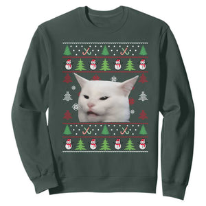 Woman Yelling At A Cat Ugly Christmas Sweatshirt Funny Cat Meme Matching Couple Christmas Pajama TS10 Dark Forest Green Print Your Wear