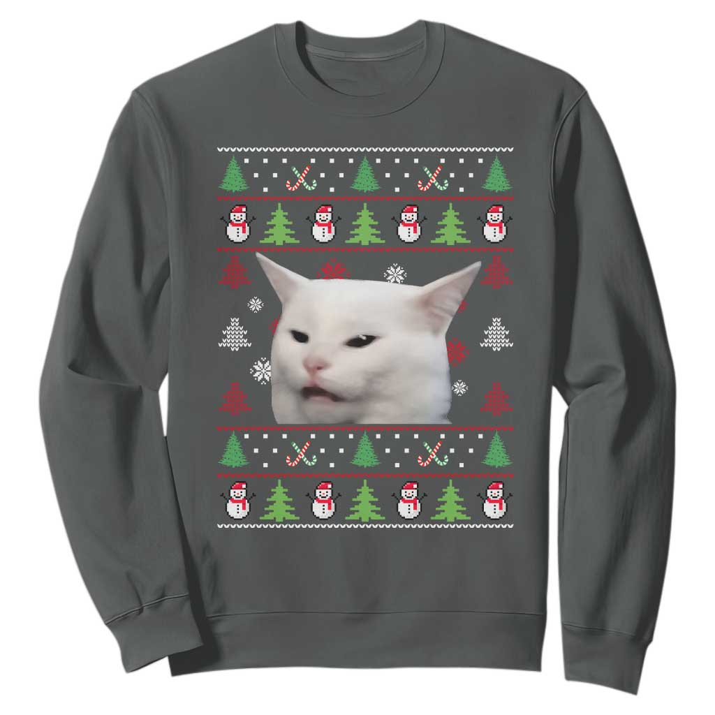 Woman Yelling At A Cat Ugly Christmas Sweatshirt Funny Cat Meme Matching Couple Christmas Pajama TS10 Dark Heather Print Your Wear