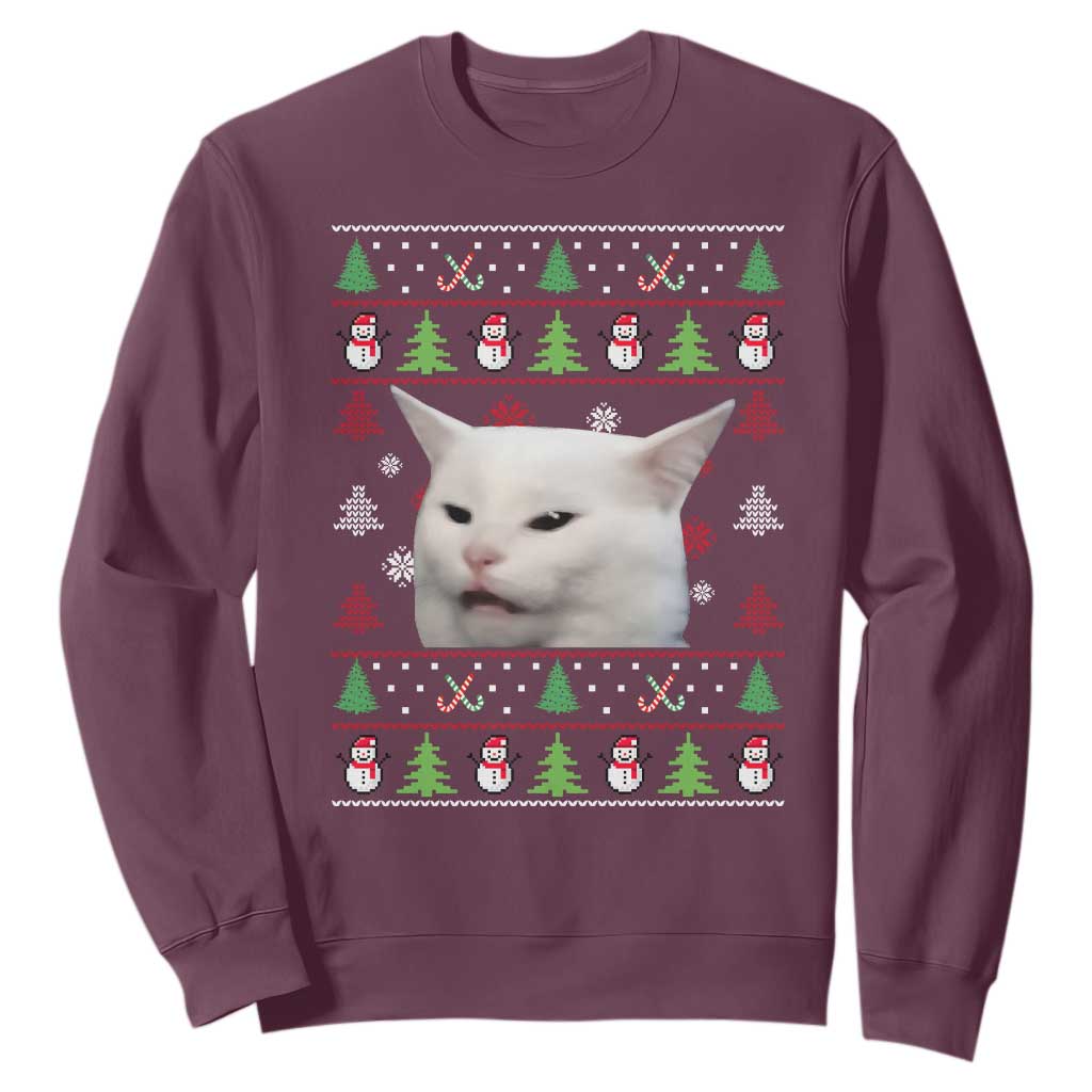 Woman Yelling At A Cat Ugly Christmas Sweatshirt Funny Cat Meme Matching Couple Christmas Pajama TS10 Maroon Print Your Wear