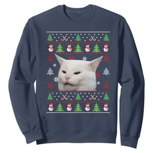 Woman Yelling At A Cat Ugly Christmas Sweatshirt Funny Cat Meme Matching Couple Christmas Pajama TS10 Navy Print Your Wear