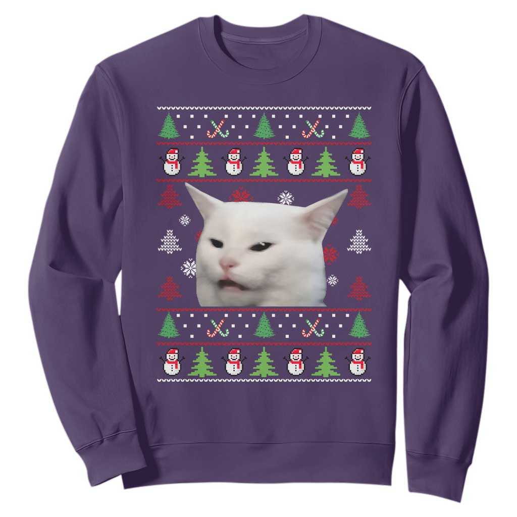 Woman Yelling At A Cat Ugly Christmas Sweatshirt Funny Cat Meme Matching Couple Christmas Pajama TS10 Purple Print Your Wear