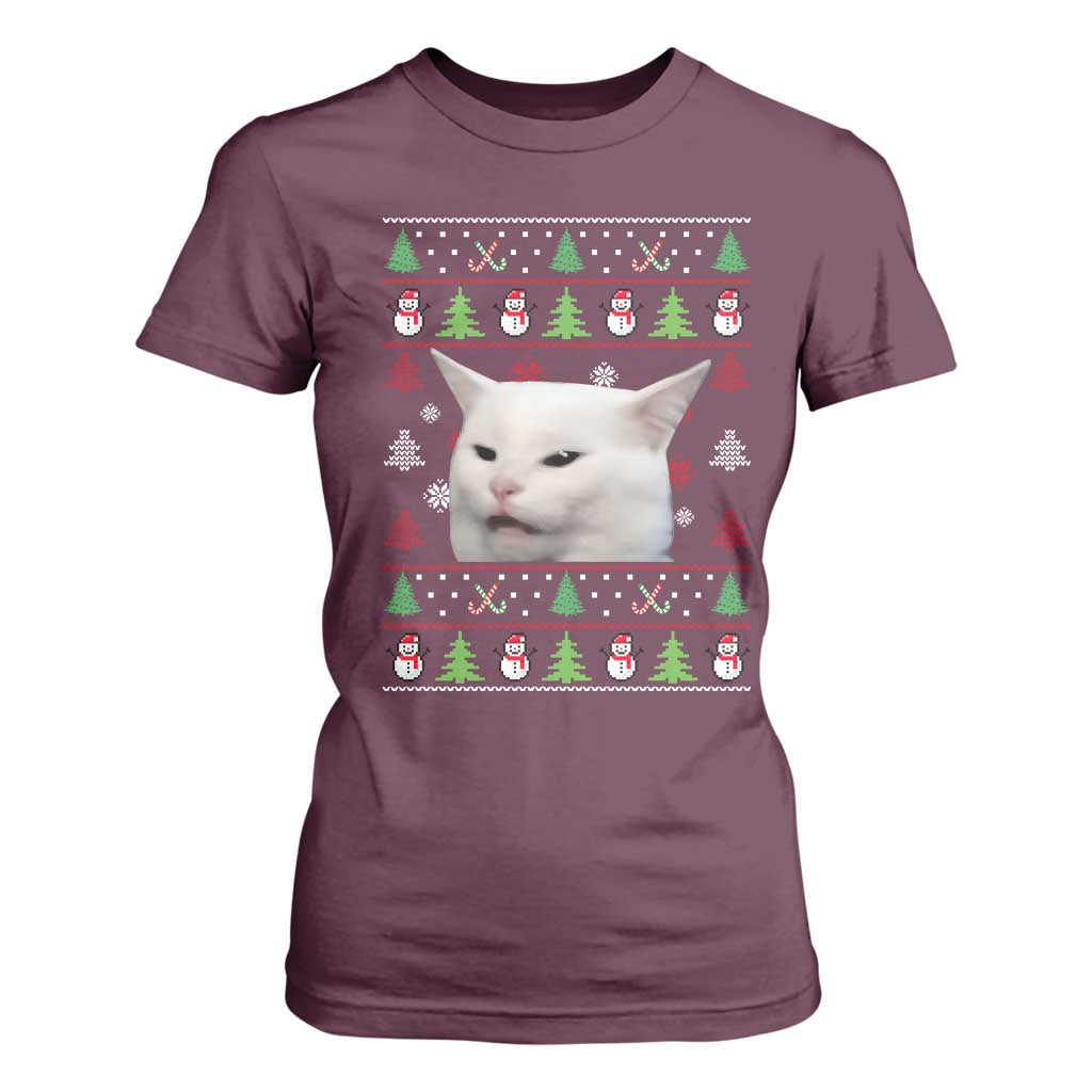 Woman Yelling At A Cat Ugly Christmas T Shirt For Women Funny Cat Meme Matching Couple Christmas Pajama TS10 Maroon Print Your Wear