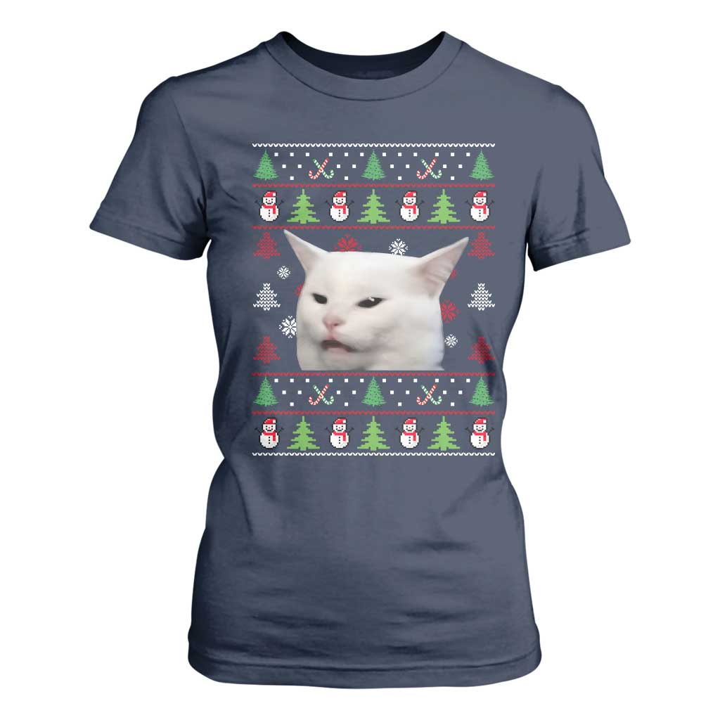 Woman Yelling At A Cat Ugly Christmas T Shirt For Women Funny Cat Meme Matching Couple Christmas Pajama TS10 Navy Print Your Wear