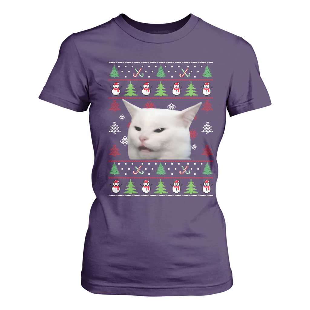Woman Yelling At A Cat Ugly Christmas T Shirt For Women Funny Cat Meme Matching Couple Christmas Pajama TS10 Purple Print Your Wear