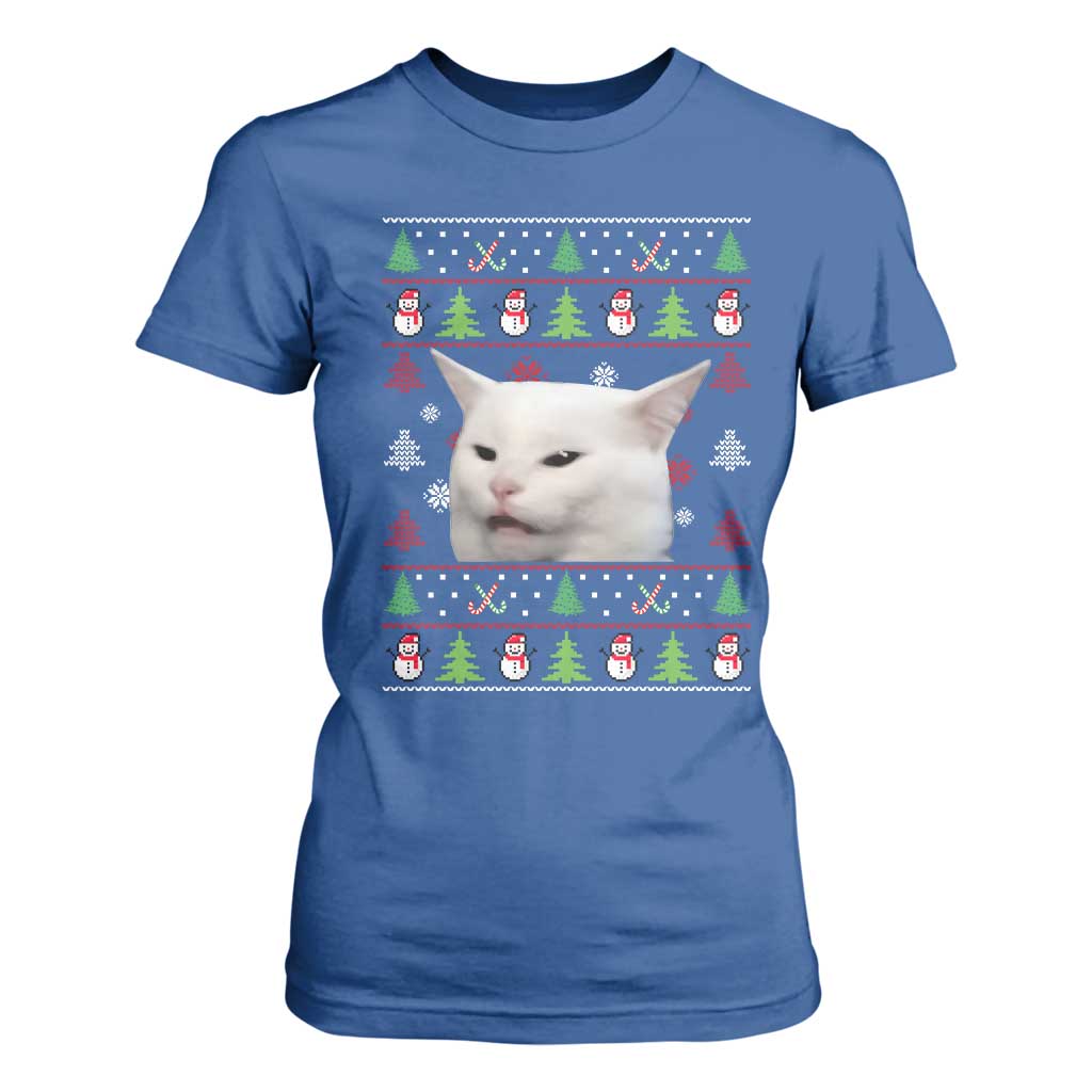 Woman Yelling At A Cat Ugly Christmas T Shirt For Women Funny Cat Meme Matching Couple Christmas Pajama TS10 Royal Blue Print Your Wear