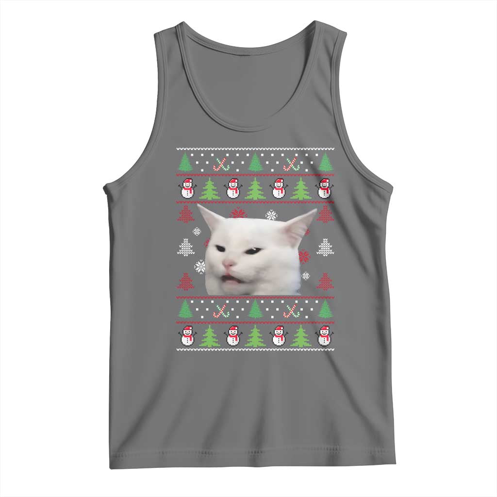 Woman Yelling At A Cat Ugly Christmas Tank Top Funny Cat Meme Matching Couple Christmas Pajama TS10 Black Heather Print Your Wear