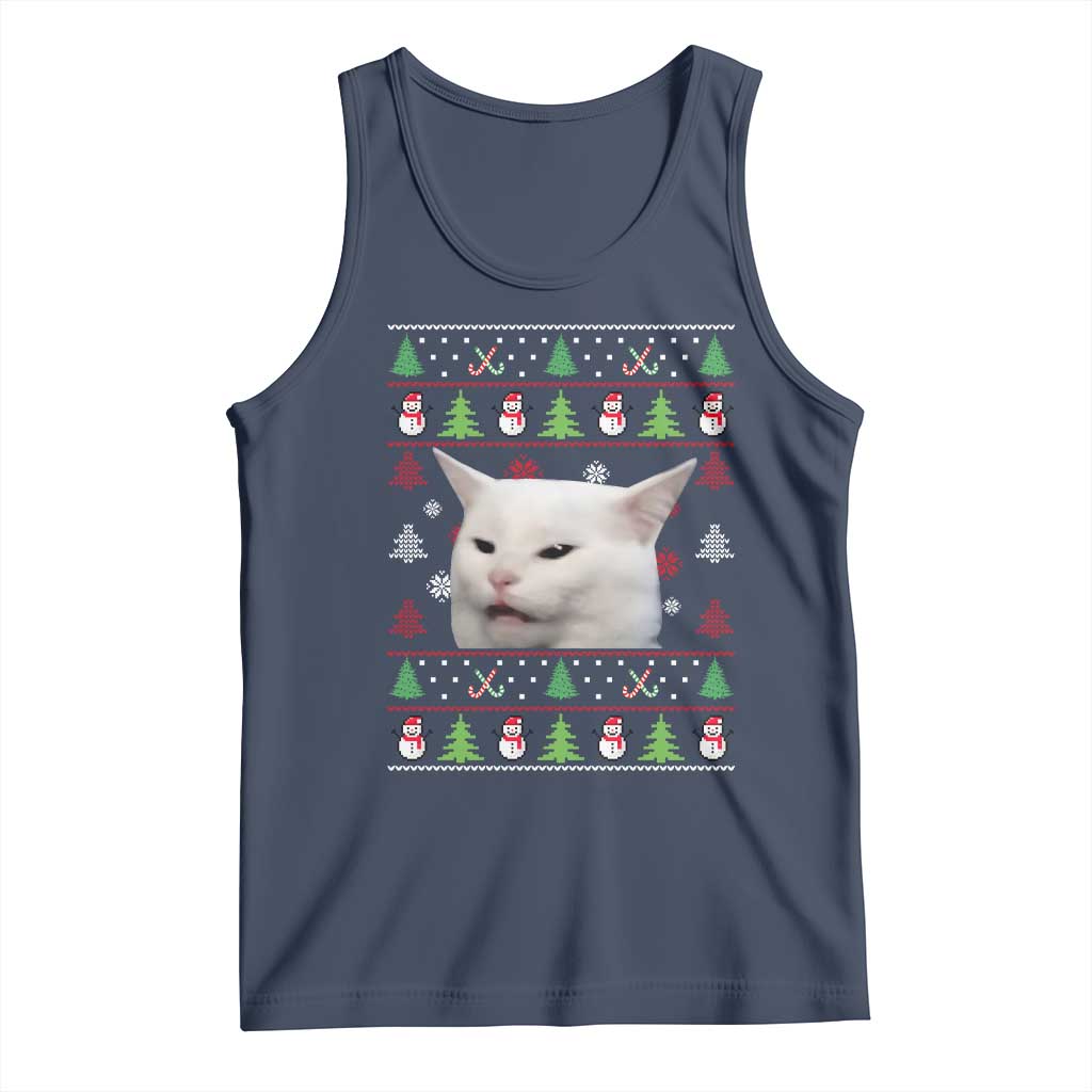 Woman Yelling At A Cat Ugly Christmas Tank Top Funny Cat Meme Matching Couple Christmas Pajama TS10 Navy Print Your Wear