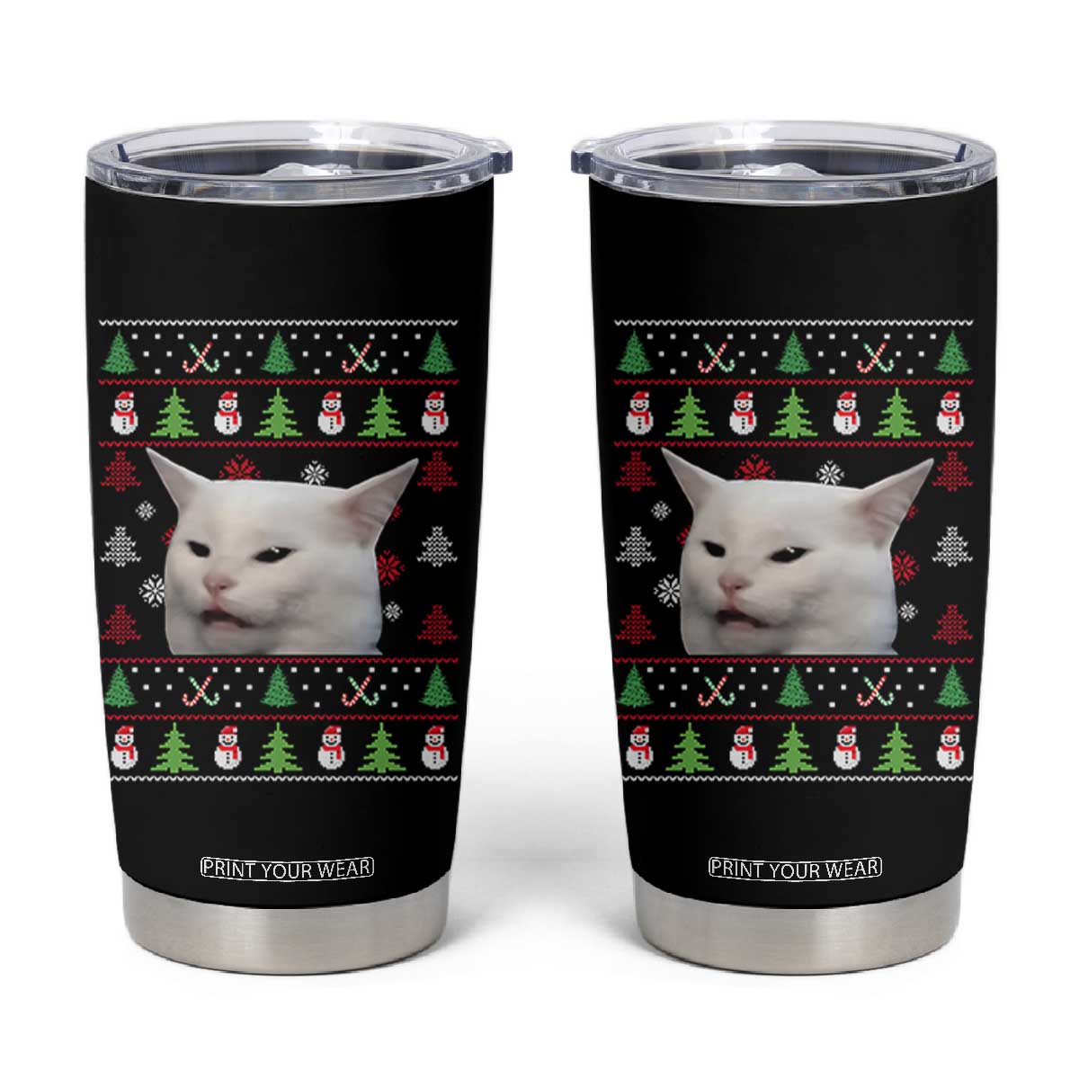 Woman Yelling At A Cat Ugly Christmas Tumbler Cup Funny Cat Meme Matching Couple Christmas Pajama TS10 Black Print Your Wear