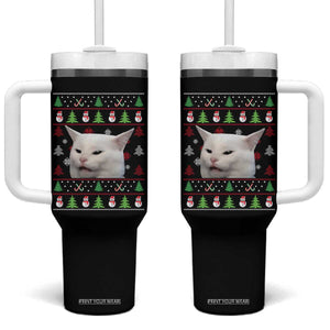 Woman Yelling At A Cat Ugly Christmas Tumbler With Handle Funny Cat Meme Matching Couple Christmas Pajama TS10 One Size: 40 oz Black Print Your Wear