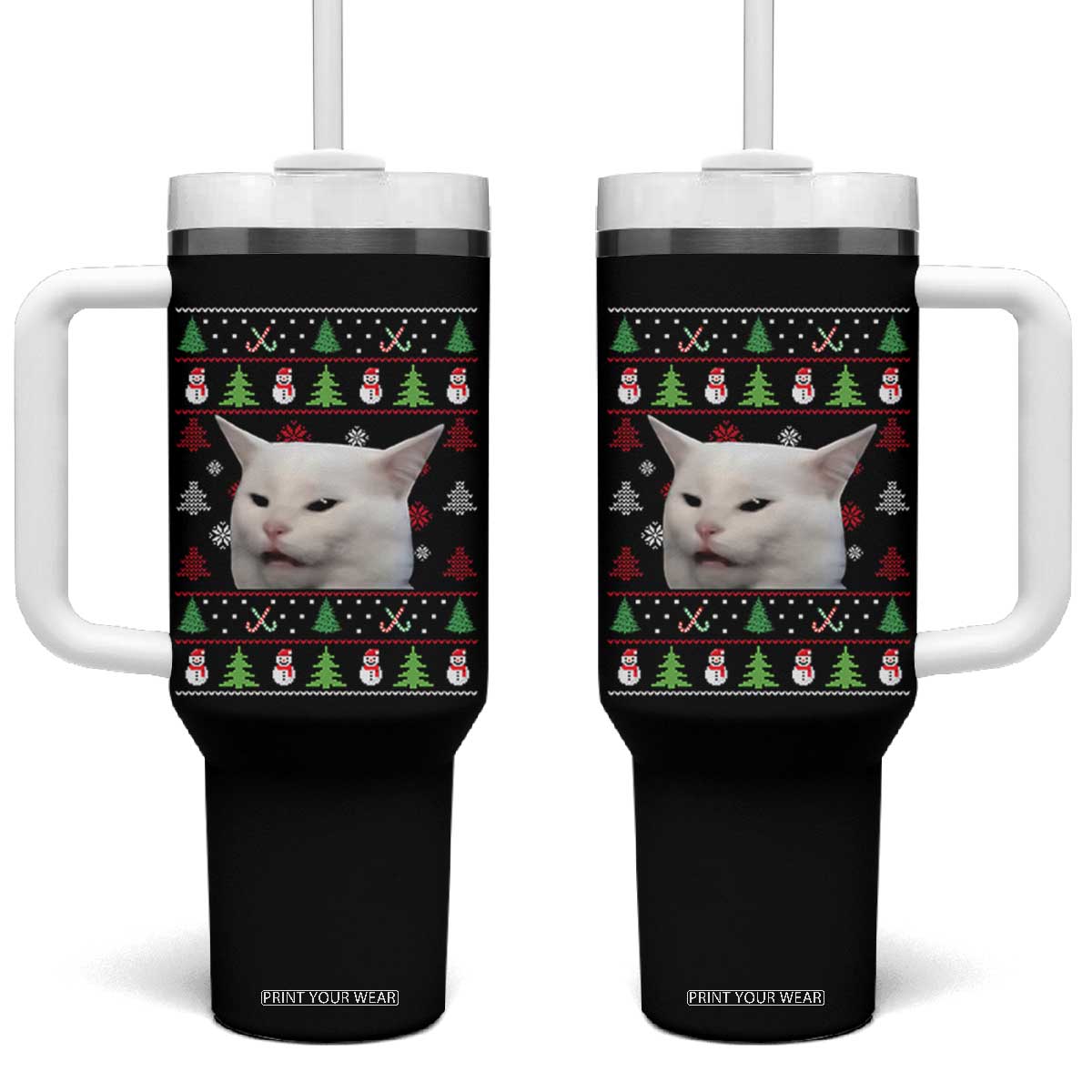Woman Yelling At A Cat Ugly Christmas Tumbler With Handle Funny Cat Meme Matching Couple Christmas Pajama TS10 One Size: 40 oz Black Print Your Wear