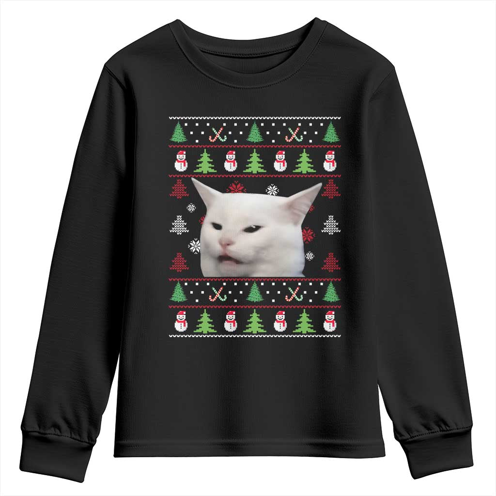 Woman Yelling At A Cat Ugly Christmas Youth Sweatshirt Funny Cat Meme Matching Couple Christmas Pajama TS10 Black Print Your Wear