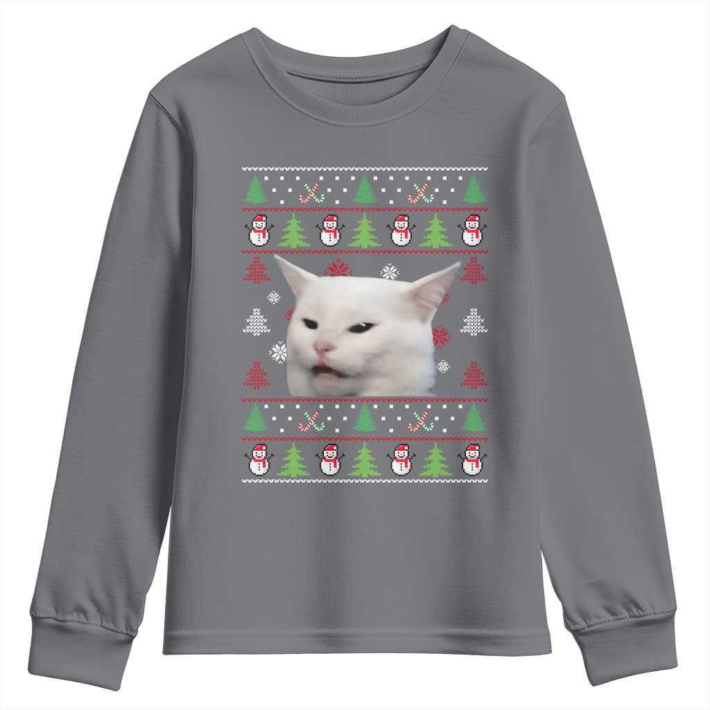 Woman Yelling At A Cat Ugly Christmas Youth Sweatshirt Funny Cat Meme Matching Couple Christmas Pajama TS10 Charcoal Print Your Wear