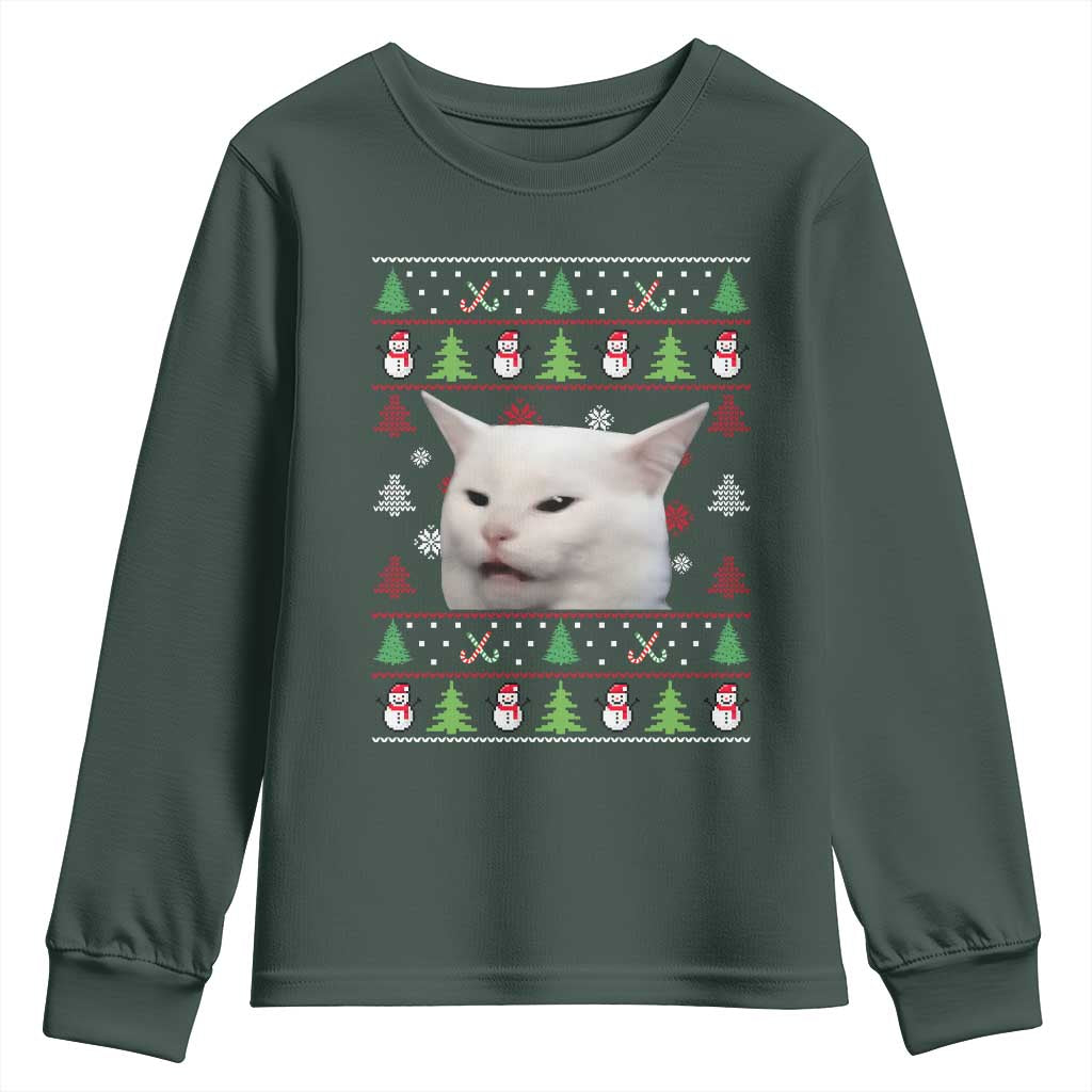 Woman Yelling At A Cat Ugly Christmas Youth Sweatshirt Funny Cat Meme Matching Couple Christmas Pajama TS10 Dark Forest Green Print Your Wear