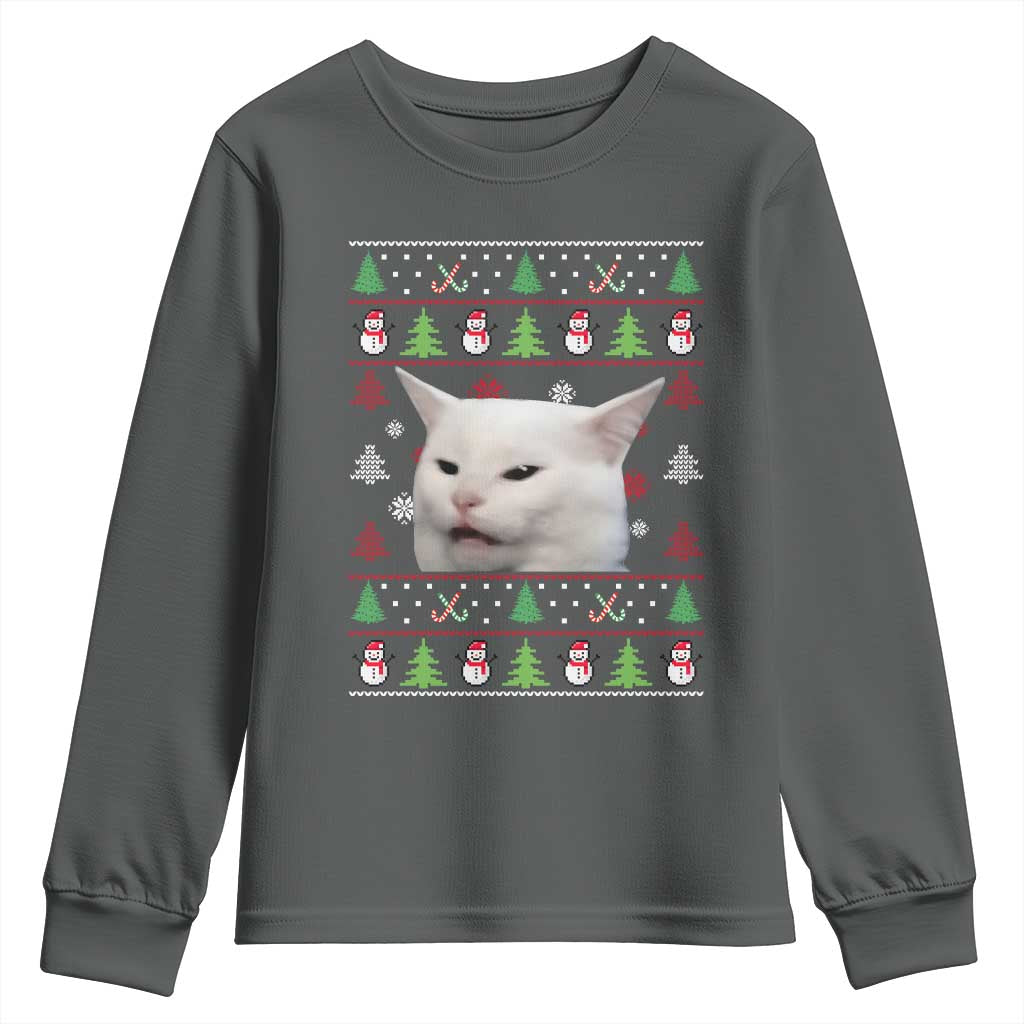 Woman Yelling At A Cat Ugly Christmas Youth Sweatshirt Funny Cat Meme Matching Couple Christmas Pajama TS10 Dark Heather Print Your Wear