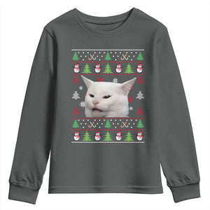 Woman Yelling At A Cat Ugly Christmas Youth Sweatshirt Funny Cat Meme Matching Couple Christmas Pajama TS10 Dark Heather Print Your Wear