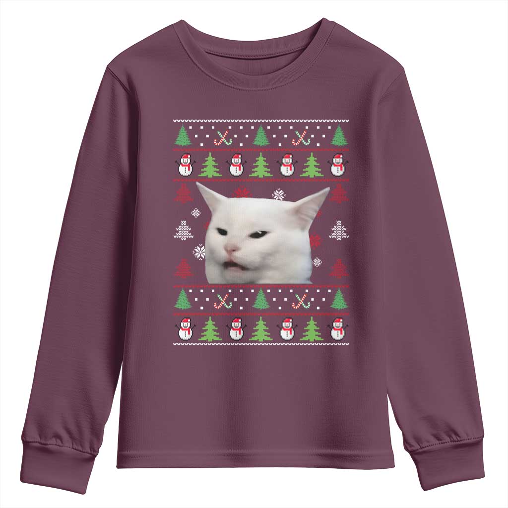 Woman Yelling At A Cat Ugly Christmas Youth Sweatshirt Funny Cat Meme Matching Couple Christmas Pajama TS10 Maroon Print Your Wear