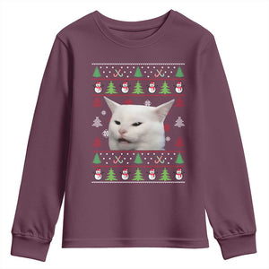 Woman Yelling At A Cat Ugly Christmas Youth Sweatshirt Funny Cat Meme Matching Couple Christmas Pajama TS10 Maroon Print Your Wear
