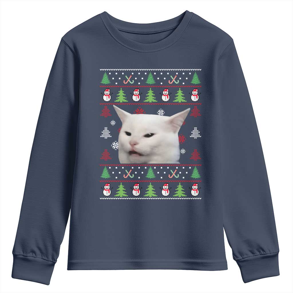 Woman Yelling At A Cat Ugly Christmas Youth Sweatshirt Funny Cat Meme Matching Couple Christmas Pajama TS10 Navy Print Your Wear