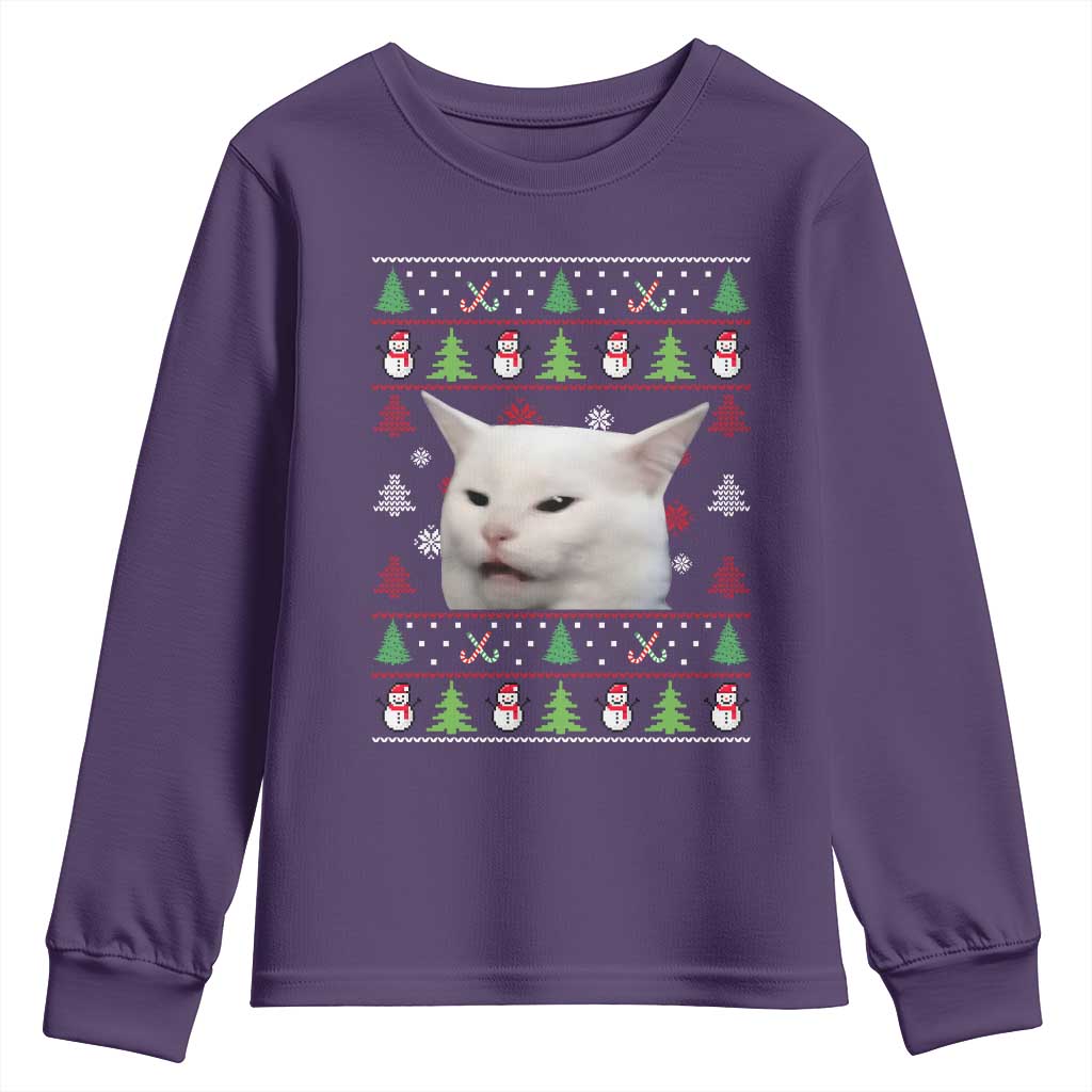 Woman Yelling At A Cat Ugly Christmas Youth Sweatshirt Funny Cat Meme Matching Couple Christmas Pajama TS10 Purple Print Your Wear