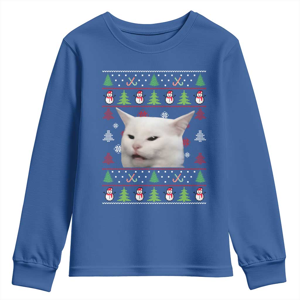 Woman Yelling At A Cat Ugly Christmas Youth Sweatshirt Funny Cat Meme Matching Couple Christmas Pajama TS10 Royal Blue Print Your Wear