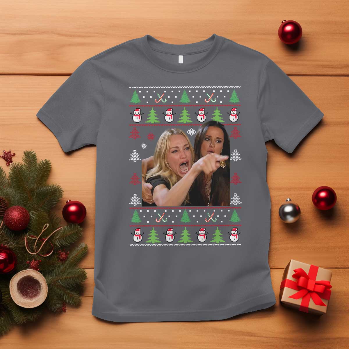Woman Yelling At A Cat Ugly Christmas T Shirt Funny Meme Matching Couple Christmas Pajama TS10 Charcoal Print Your Wear
