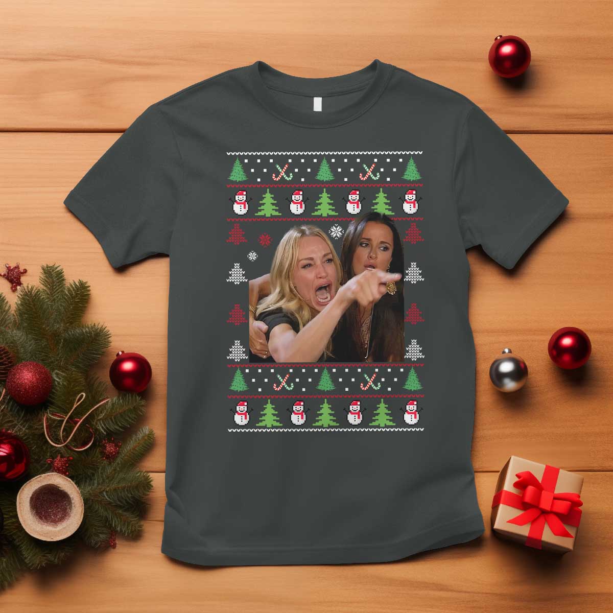Woman Yelling At A Cat Ugly Christmas T Shirt Funny Meme Matching Couple Christmas Pajama TS10 Dark Heather Print Your Wear